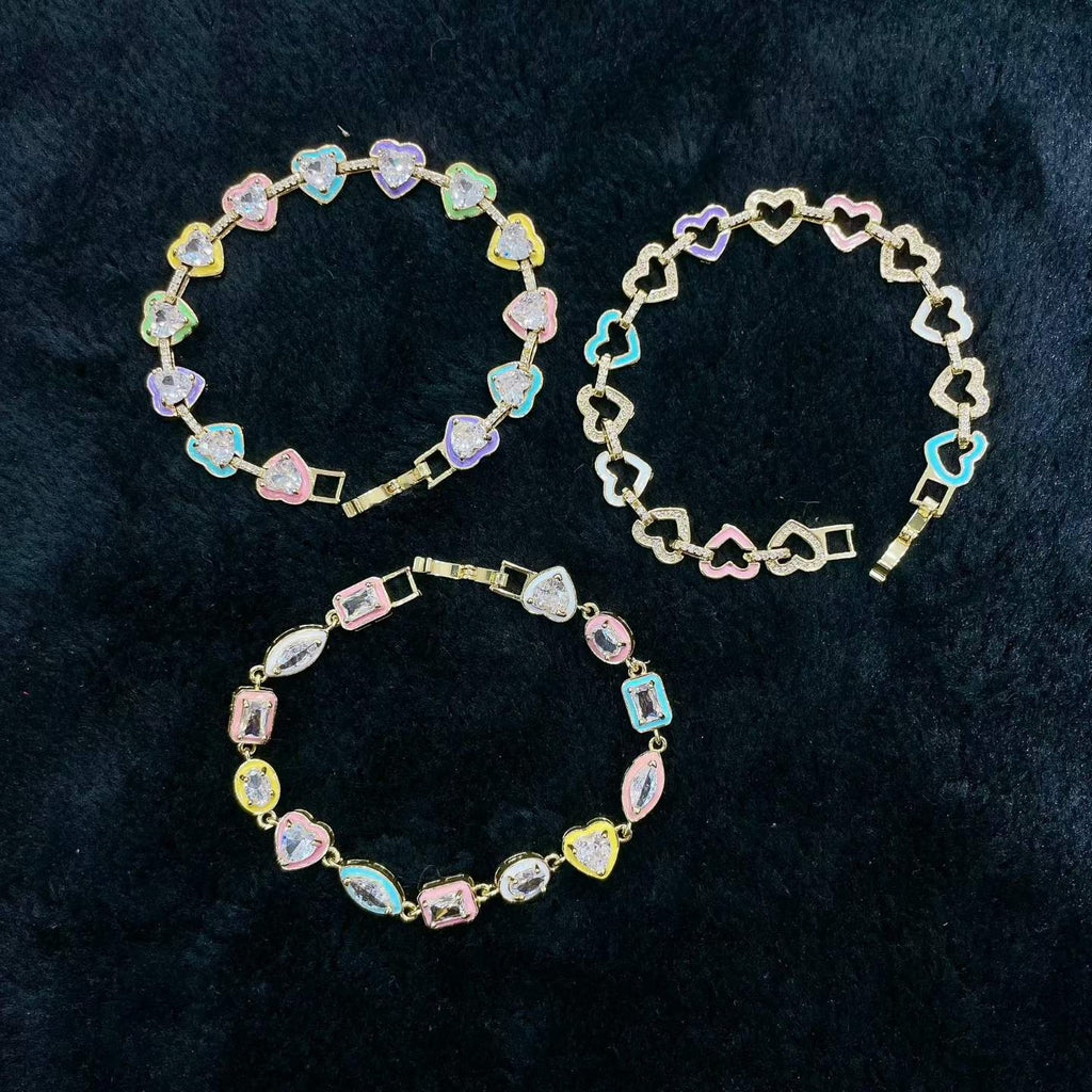 Colorful Heart Bracelet | 14K Gold Plated Copper | Waterproof Crystal Charm Bracelet for Women