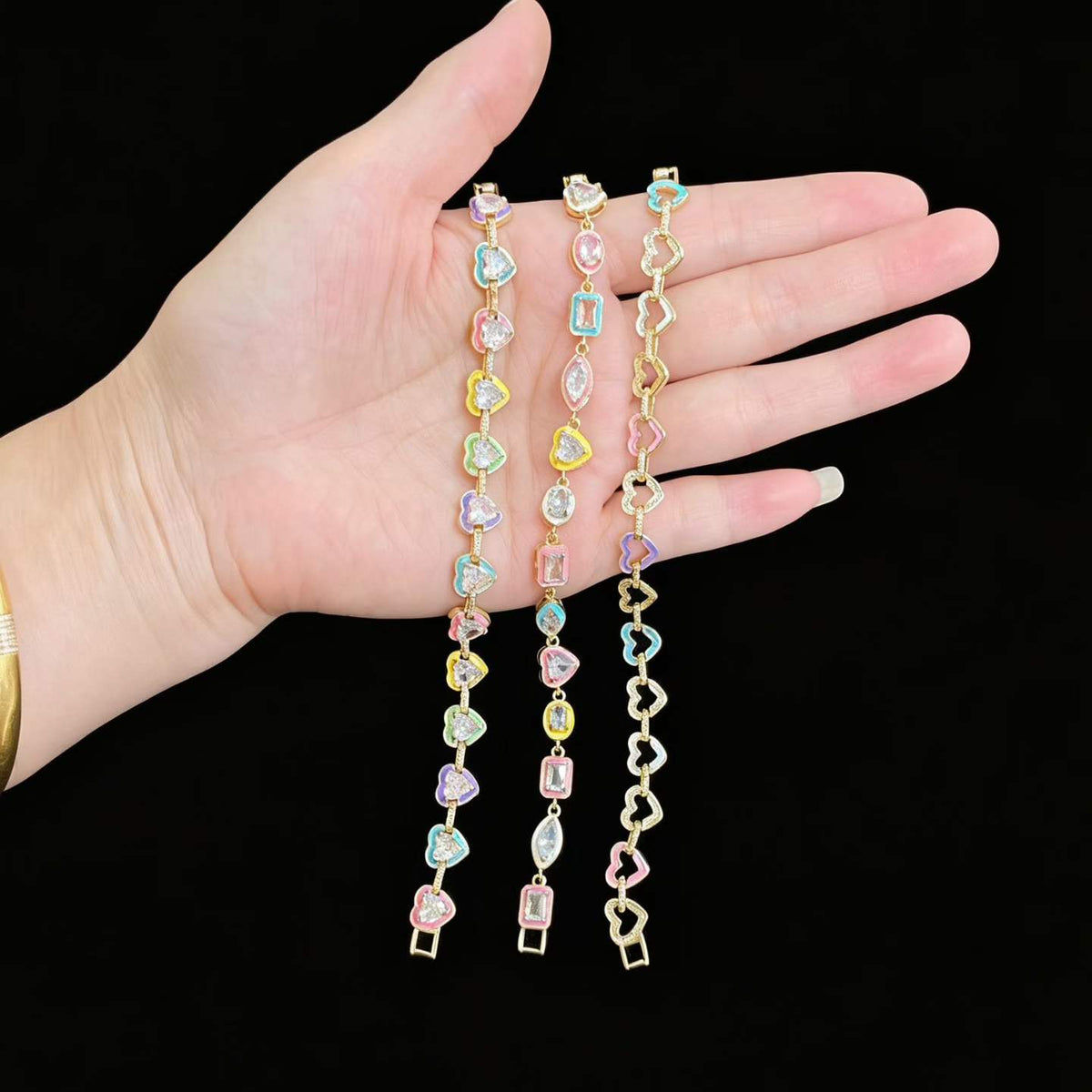 Colorful Heart Bracelet | 14K Gold Plated Copper | Waterproof Crystal Charm Bracelet for Women