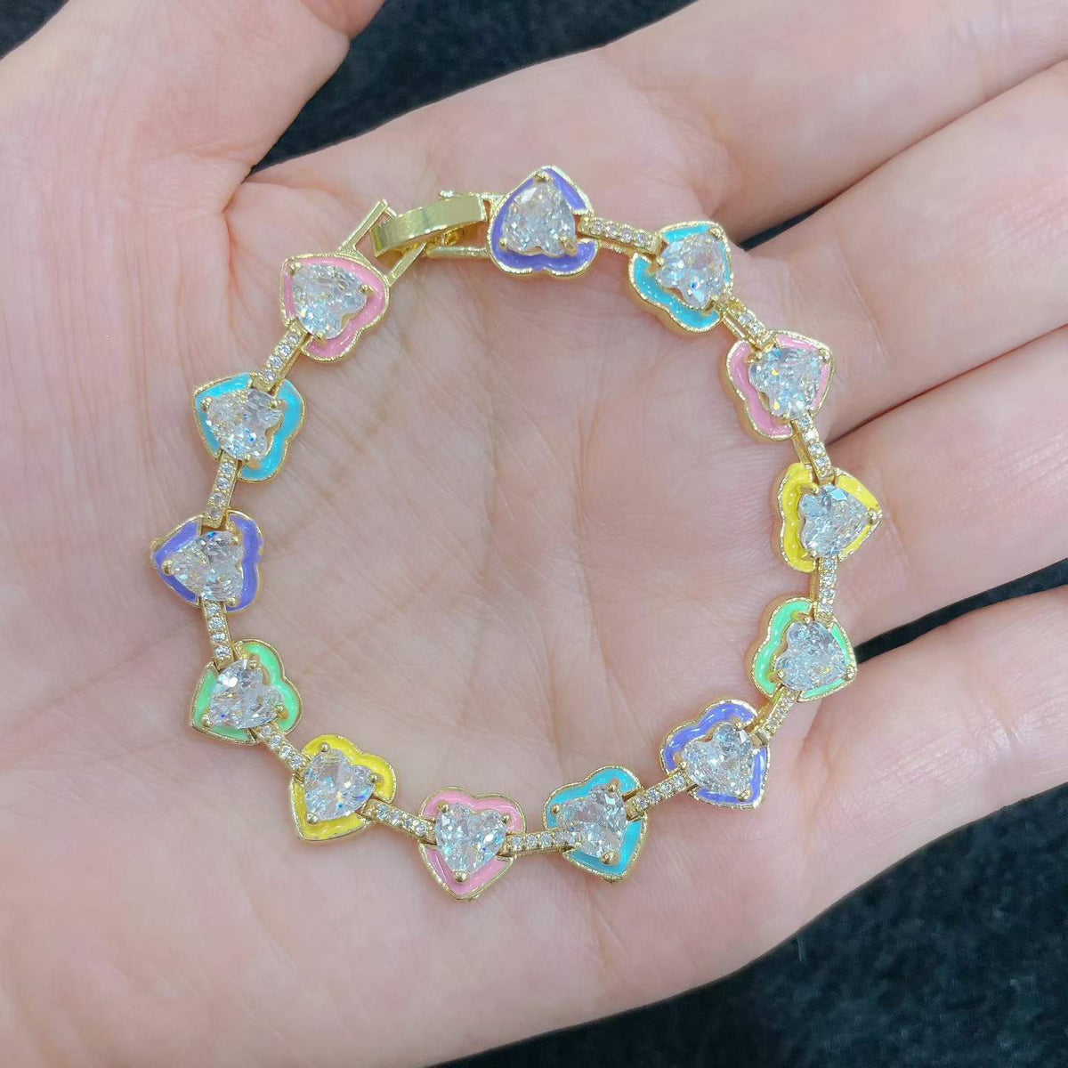 Colorful Heart Bracelet | 14K Gold Plated Copper | Waterproof Crystal Charm Bracelet for Women