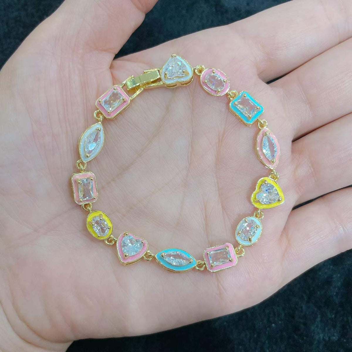 Colorful Heart Bracelet | 14K Gold Plated Copper | Waterproof Crystal Charm Bracelet for Women