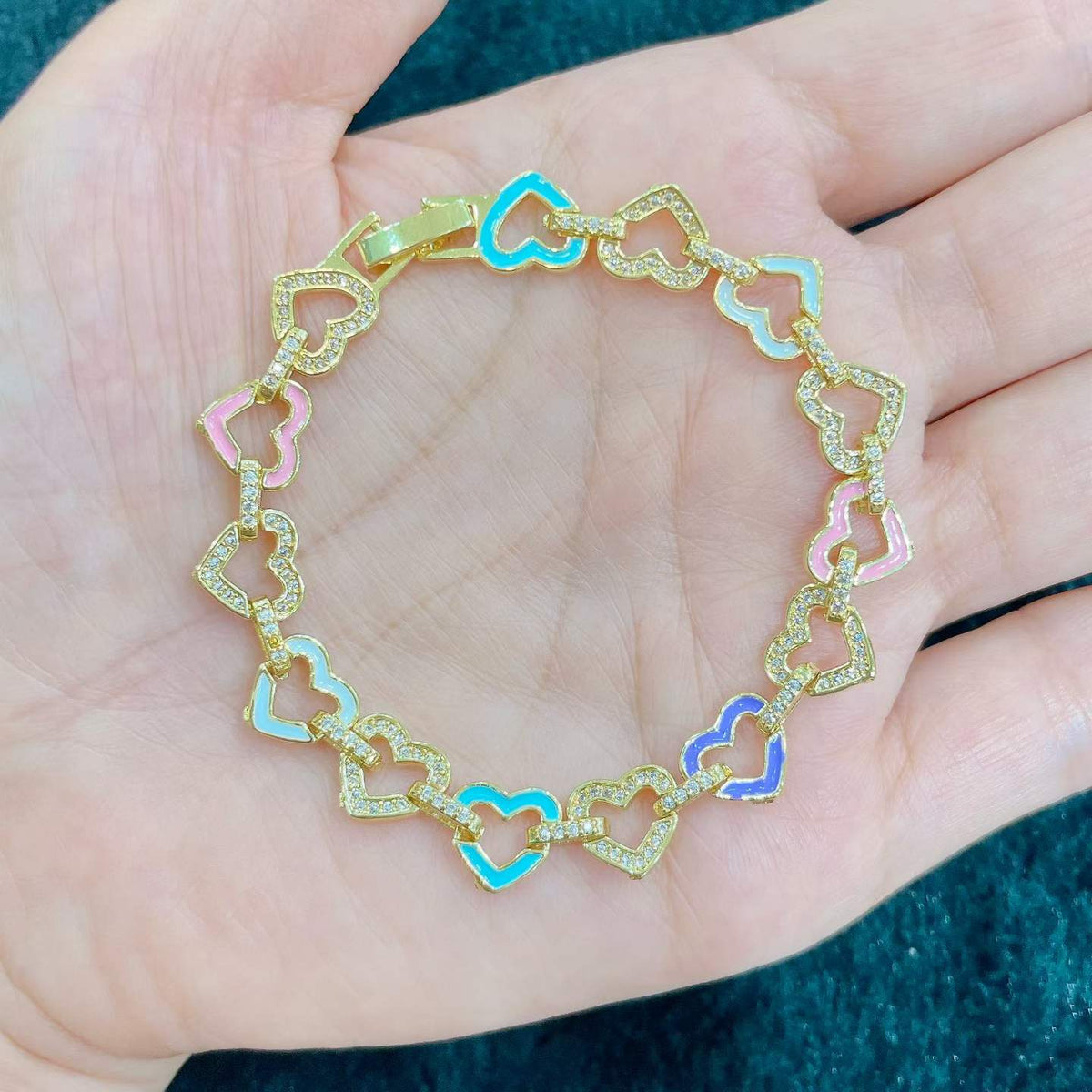 Colorful Heart Bracelet | 14K Gold Plated Copper | Waterproof Crystal Charm Bracelet for Women