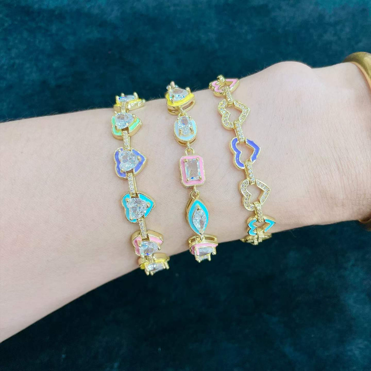 Colorful Heart Bracelet | 14K Gold Plated Copper | Waterproof Crystal Charm Bracelet for Women