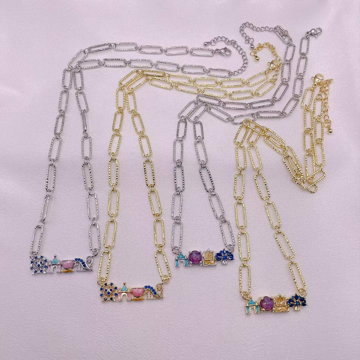 14K Gold Plated Colorful CZ Paperclip Chain Necklace | Mosaic Charm Pendant | Brass Dainty Layering Necklace