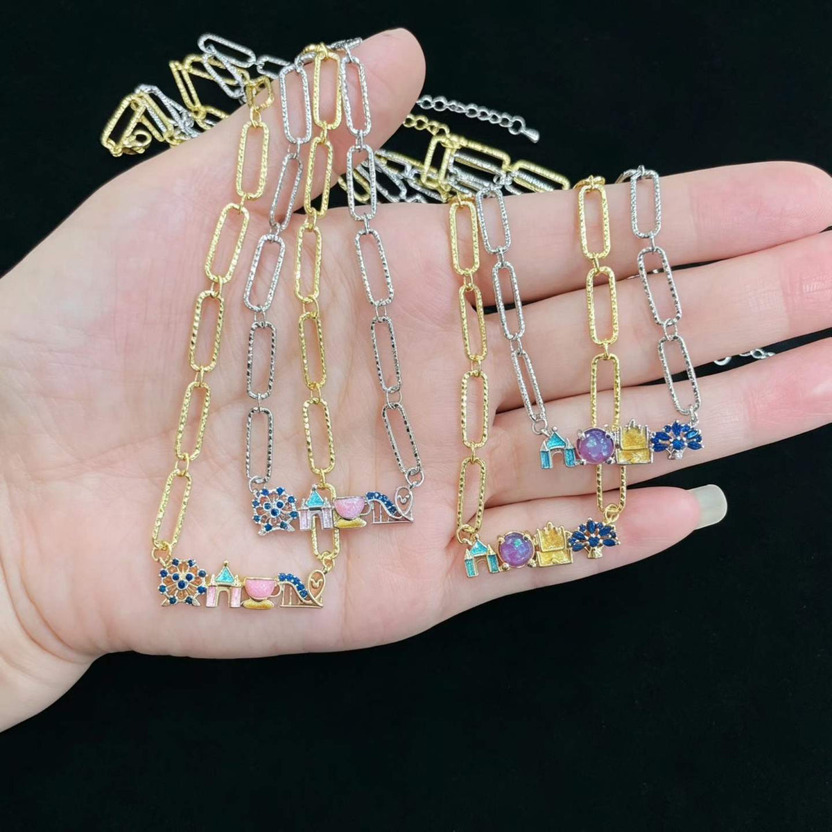 14K Gold Plated Colorful CZ Paperclip Chain Necklace | Mosaic Charm Pendant | Brass Dainty Layering Necklace