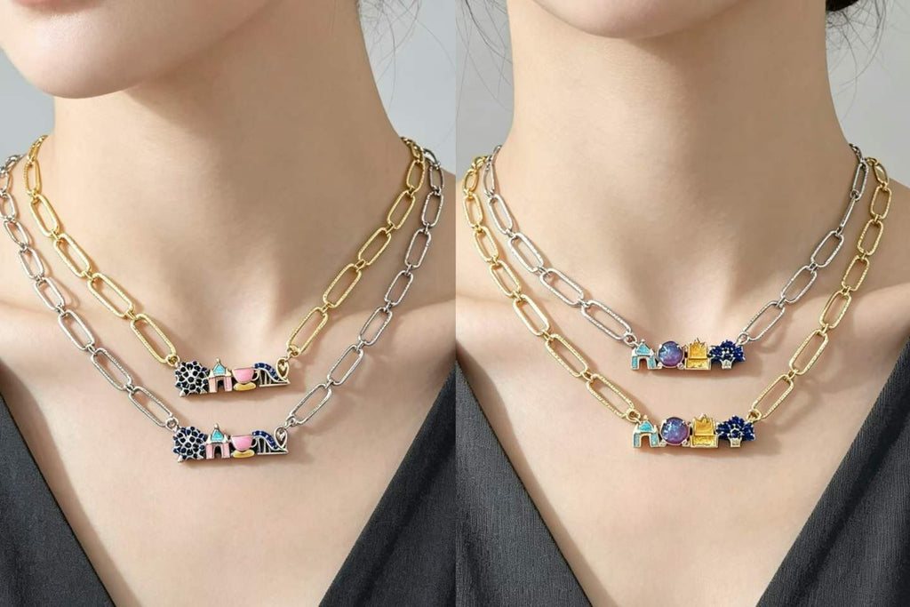 14K Gold Plated Colorful CZ Paperclip Chain Necklace | Mosaic Charm Pendant | Brass Dainty Layering Necklace