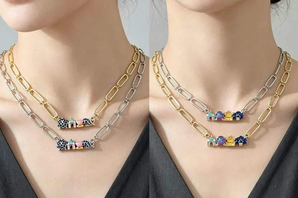 14K Gold Plated Colorful CZ Paperclip Chain Necklace | Mosaic Charm Pendant | Brass Dainty Layering Necklace