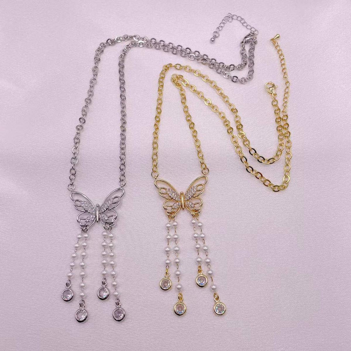 14K Gold Plated Butterfly Pearl Tassel Necklace | Cubic Zirconia Paved 3-Strand Pearl Pendant | Brass Dainty Chain (Silver/Gold)