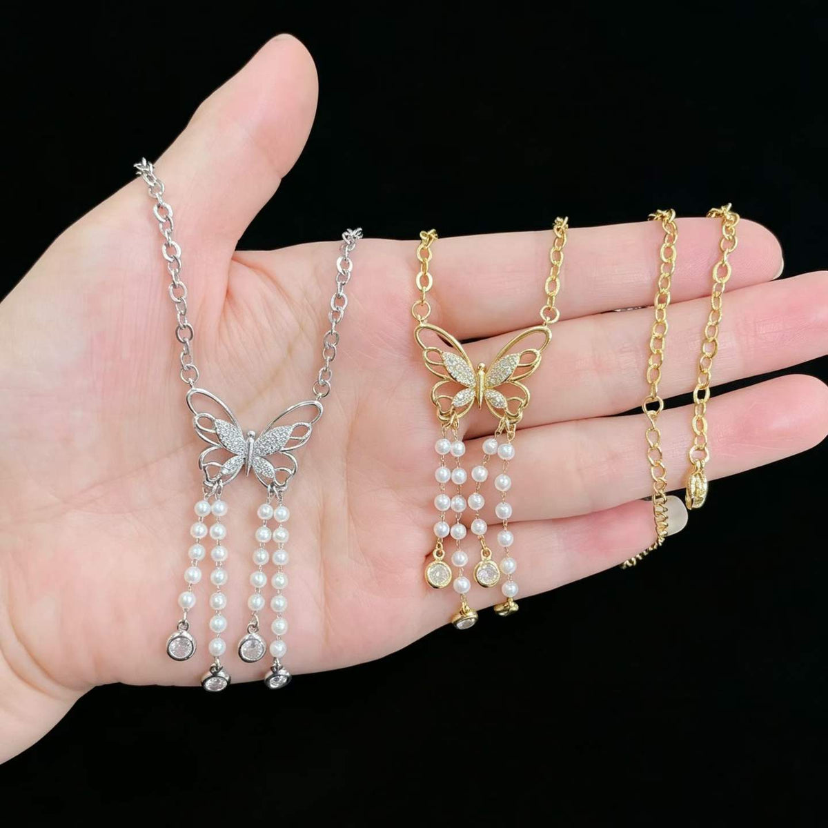 14K Gold Plated Butterfly Pearl Tassel Necklace | Cubic Zirconia Paved 3-Strand Pearl Pendant | Brass Dainty Chain (Silver/Gold)