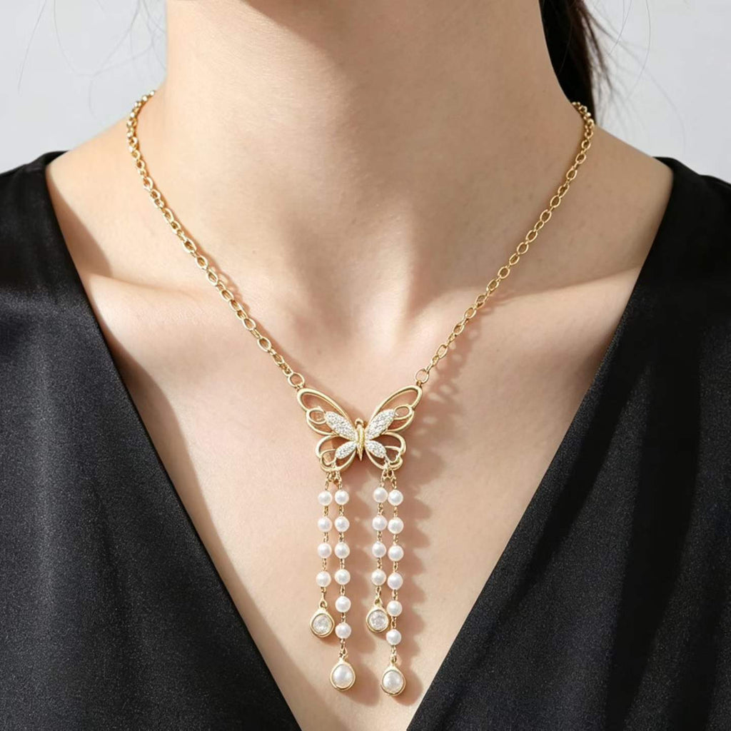 14K Gold Plated Butterfly Pearl Tassel Necklace | Cubic Zirconia Paved 3-Strand Pearl Pendant | Brass Dainty Chain (Silver/Gold)