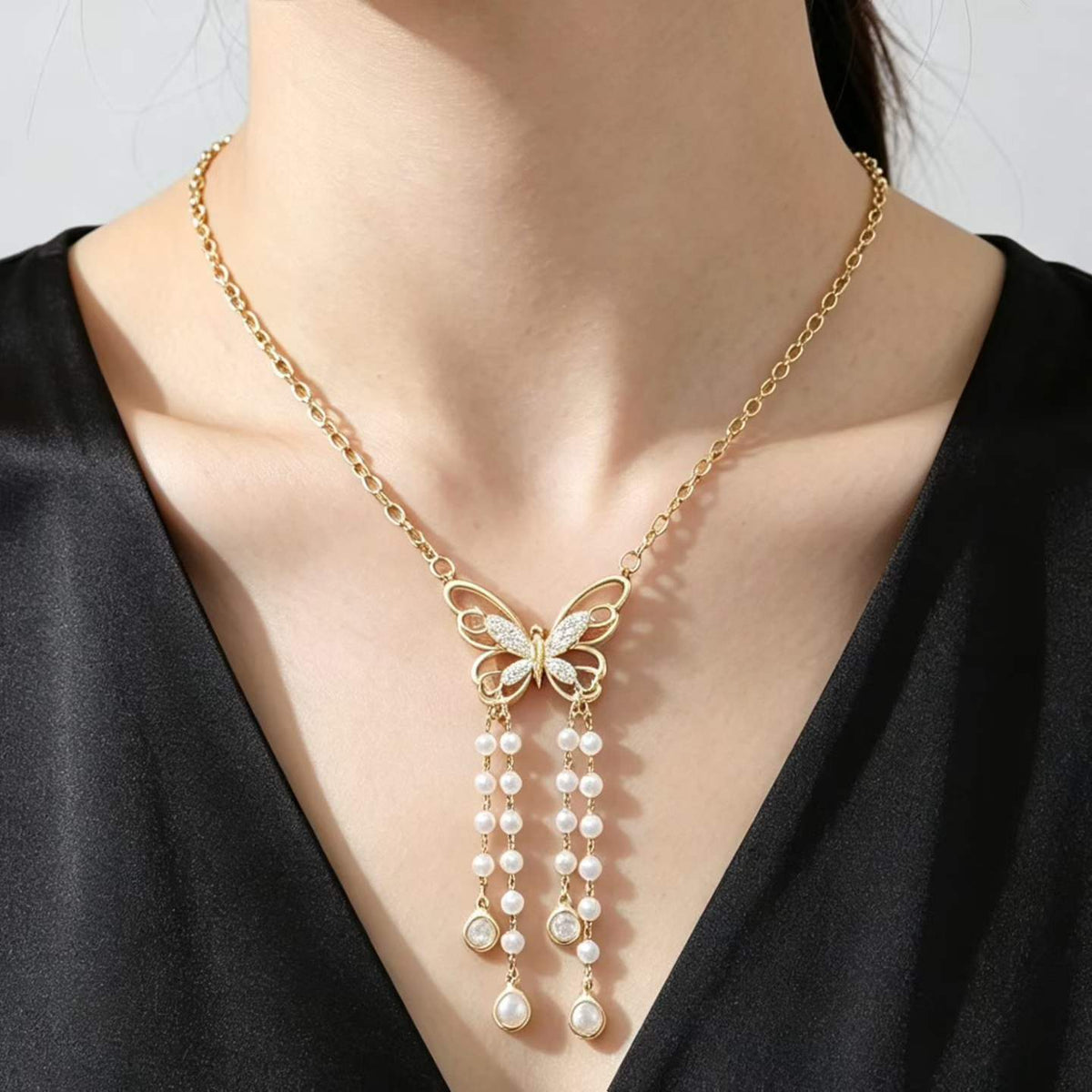 14K Gold Plated Butterfly Pearl Tassel Necklace | Cubic Zirconia Paved 3-Strand Pearl Pendant | Brass Dainty Chain (Silver/Gold)