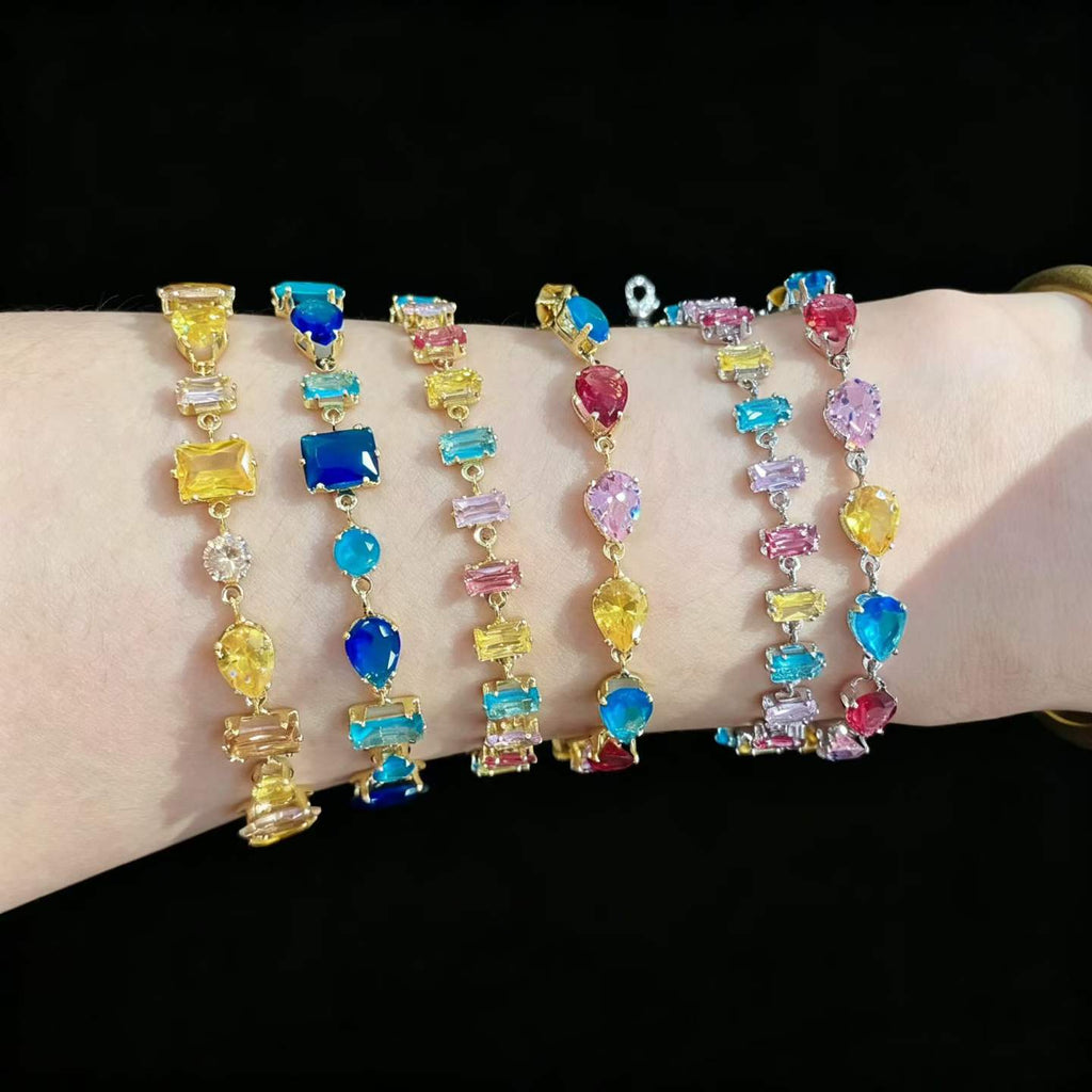 14K Gold Plated Colorful Zircon Bracelet with Extender Chain - Light Luxury Gemstone Jewelry