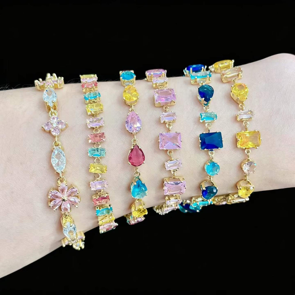 14K Gold Plated Colorful Zircon Bracelet with Extender Chain - Light Luxury Gemstone Jewelry