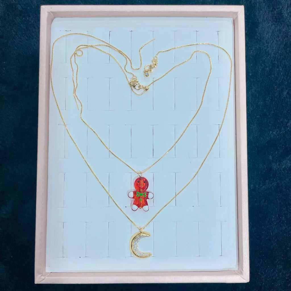 14K Gold Plated Christmas Gingerbread Man & Moon Layered Necklace | Waterproof Holiday Jewelry