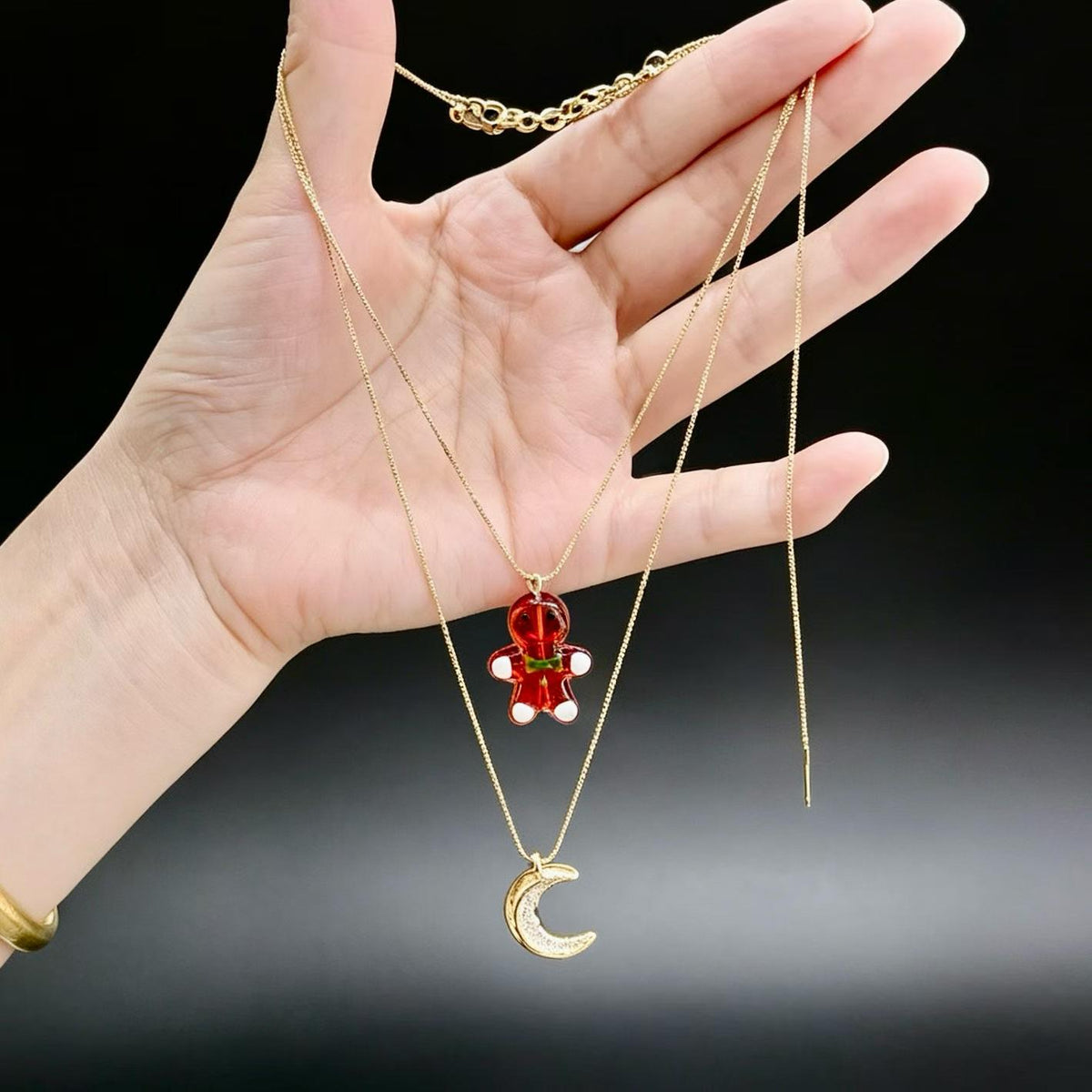 14K Gold Plated Christmas Gingerbread Man & Moon Layered Necklace | Waterproof Holiday Jewelry