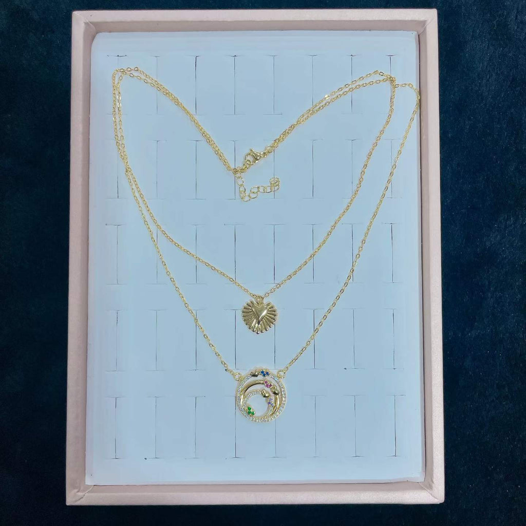 14K Gold Plated Vintage Heart & Celestial Circle Layered Necklace | Waterproof Dainty Jewelry