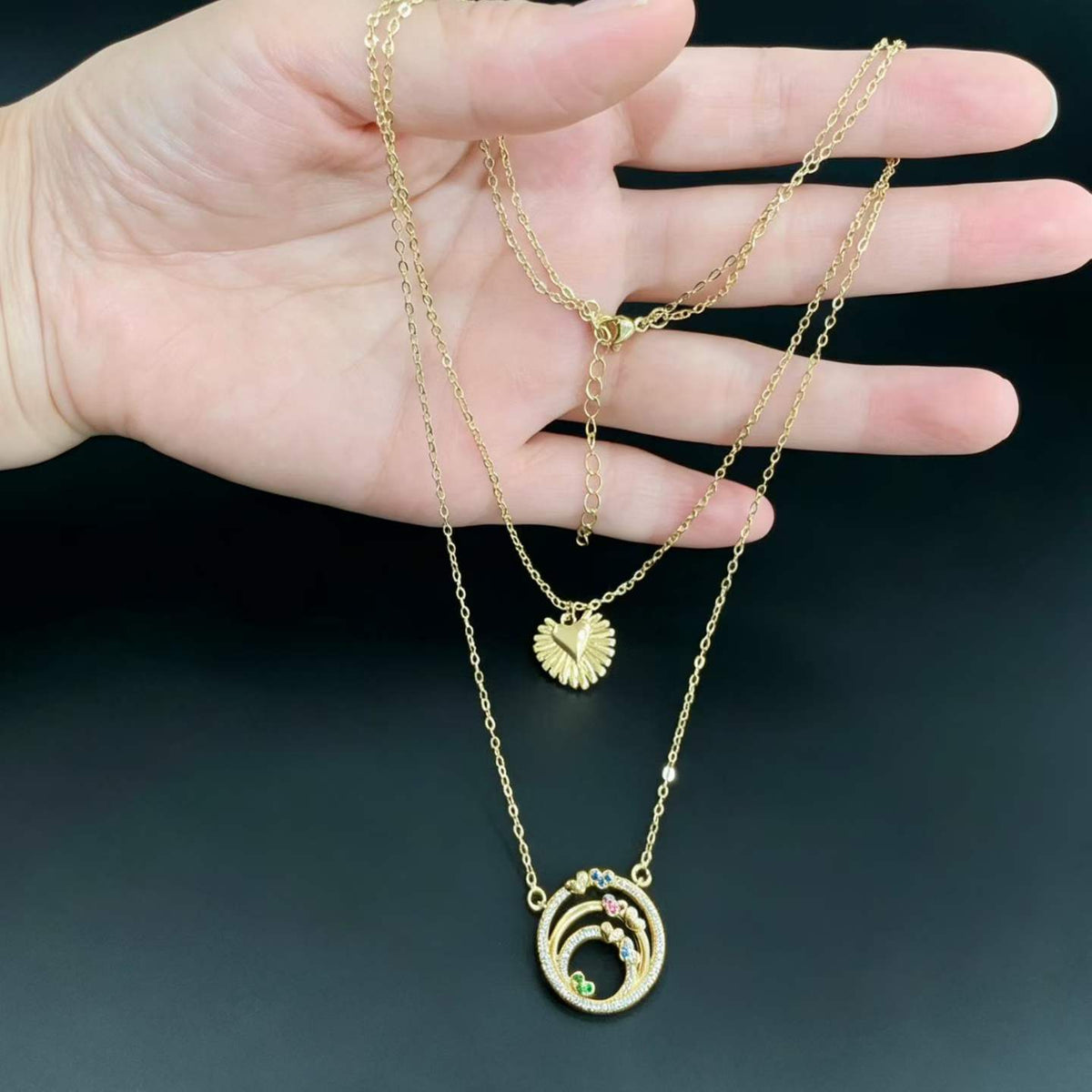 14K Gold Plated Vintage Heart & Celestial Circle Layered Necklace | Waterproof Dainty Jewelry