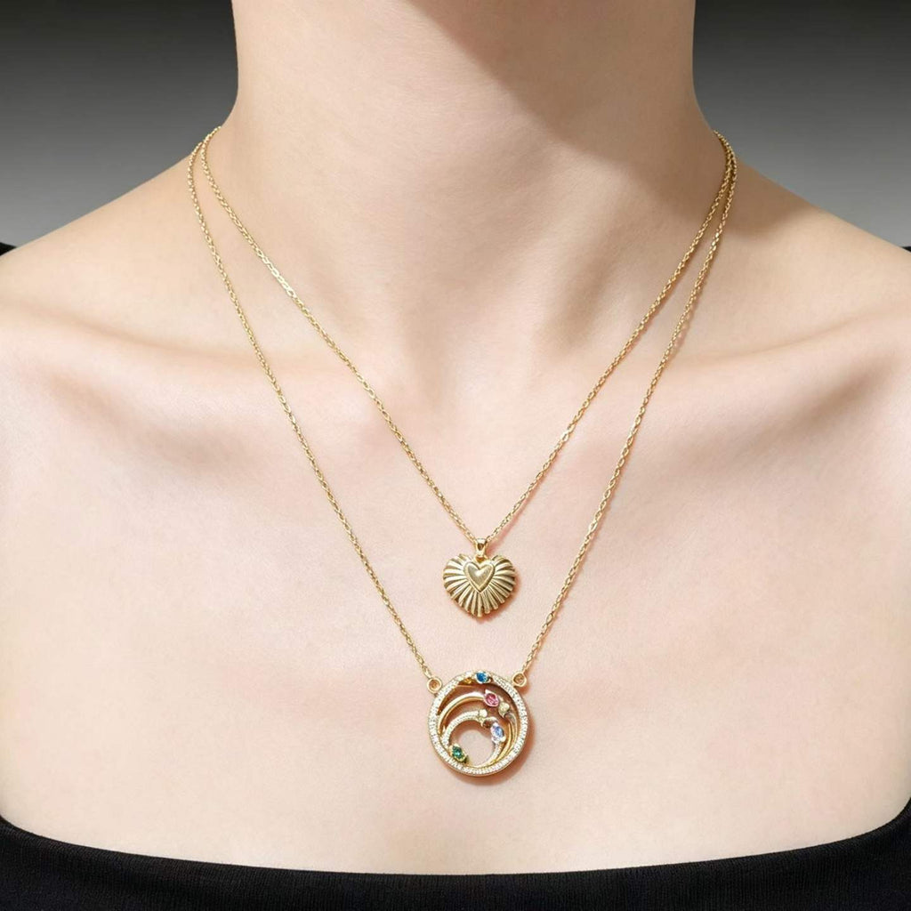 14K Gold Plated Vintage Heart & Celestial Circle Layered Necklace | Waterproof Dainty Jewelry