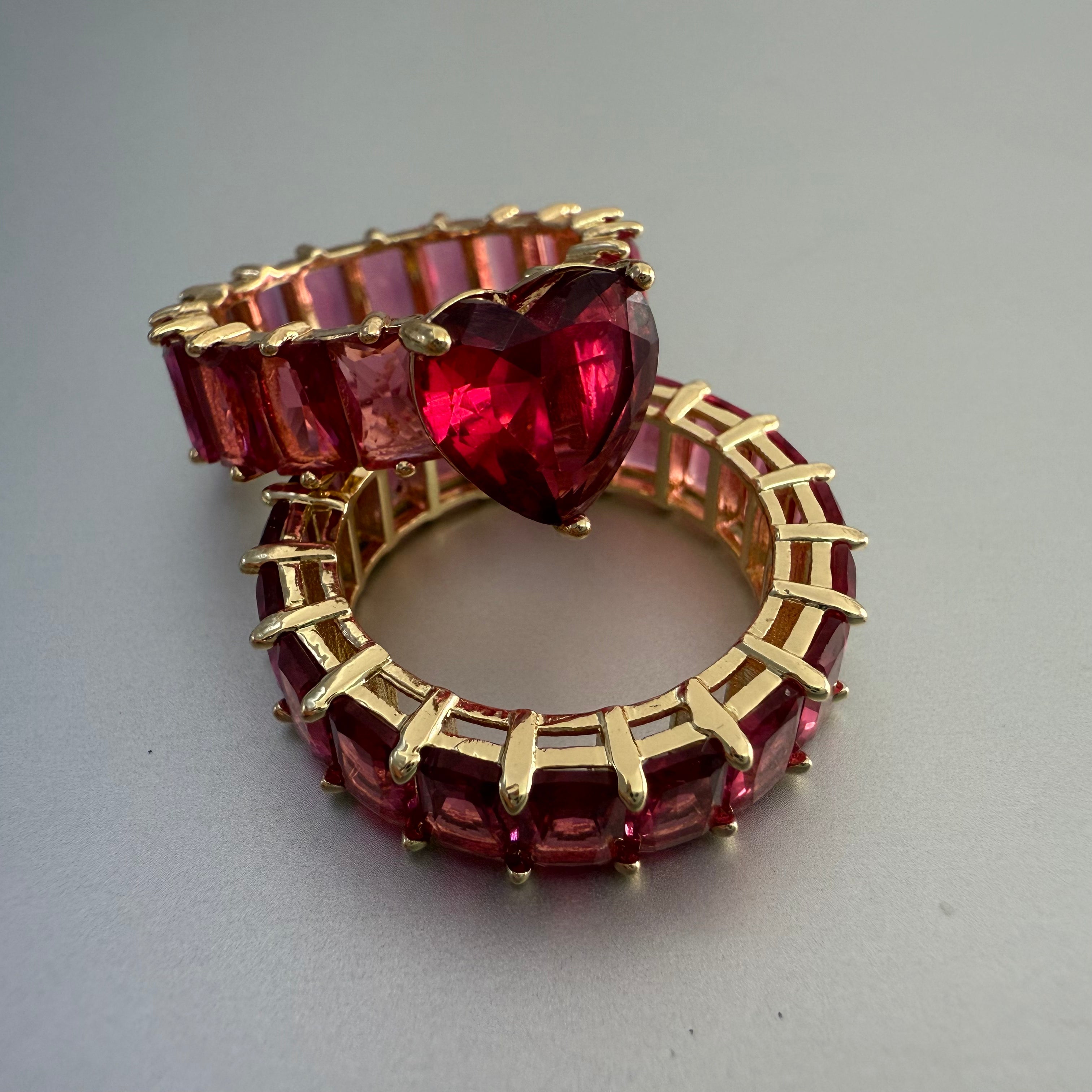 14K Gold Plated Red Heart Cut CZ Ring, Full Eternity Radiant Cut Ruby Red Cubic Zirconia Band for Women