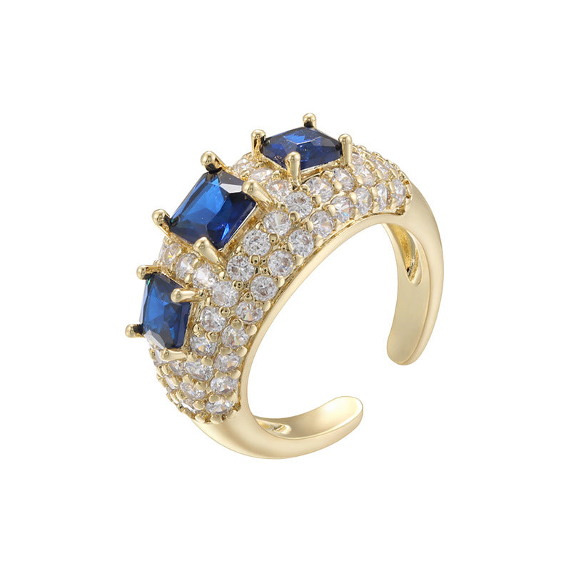 14K Gold Plated Three Stone Red Ruby Ring, Pave White CZ Open Adjustable Statement Ring for Women
