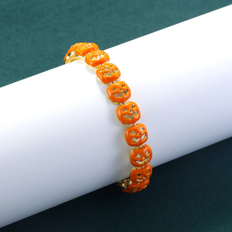 14K Gold Plated Pumpkin Charm Bracelet | Waterproof Orange Enamel Link Bracelet