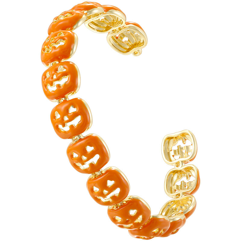 14K Gold Plated Pumpkin Charm Bracelet | Waterproof Orange Enamel Link Bracelet