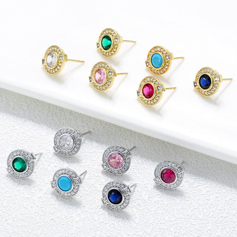 14K Gold & Silver Plated Halo Stud Earrings – Vintage Geometric CZ Crystal Earrings (Copper Base)