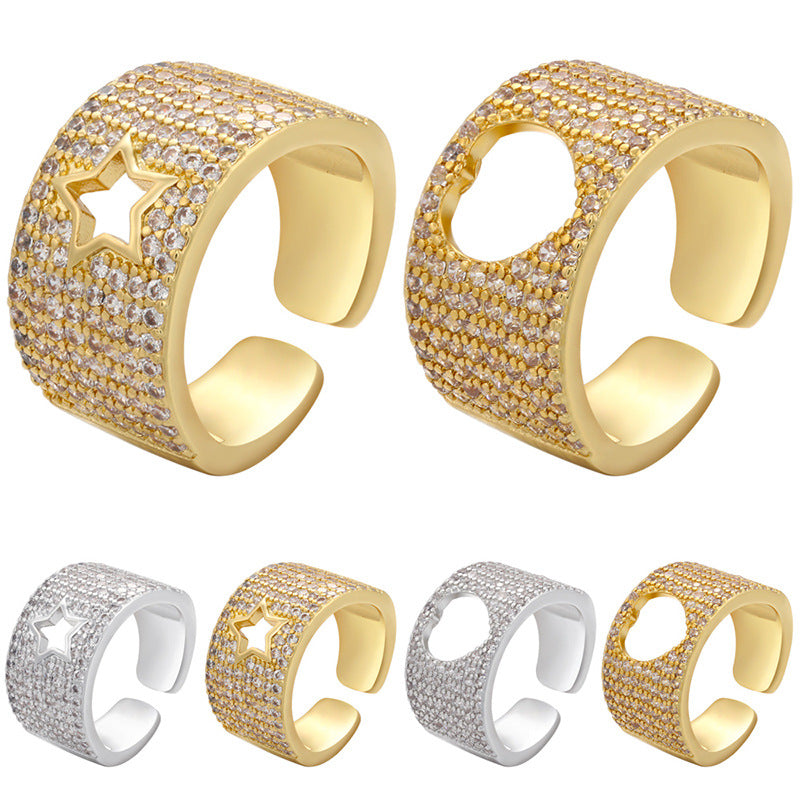 14K Gold Plated Chunky Open Cuff Ring, Pave Set White CZ Cutout Statement Ring, Adjustable Geometric Jewelry for Women