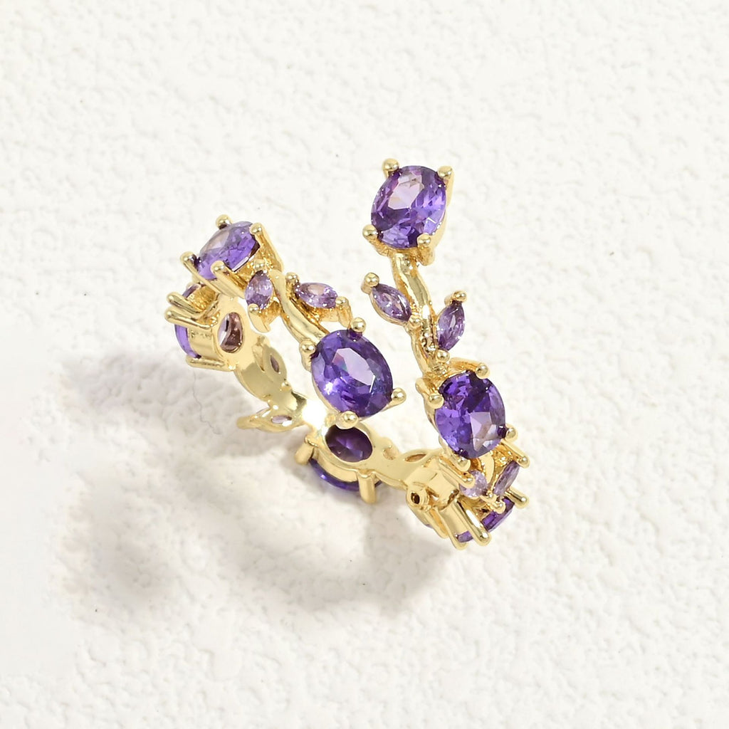 14K Gold Plated Tulip Flower Open Ring – Colorful CZ Adjustable Statement Ring (Copper Base)