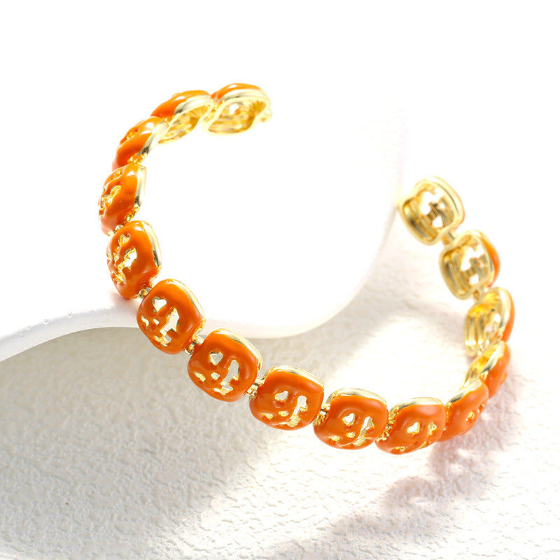 14K Gold Plated Pumpkin Charm Bracelet | Waterproof Orange Enamel Link Bracelet