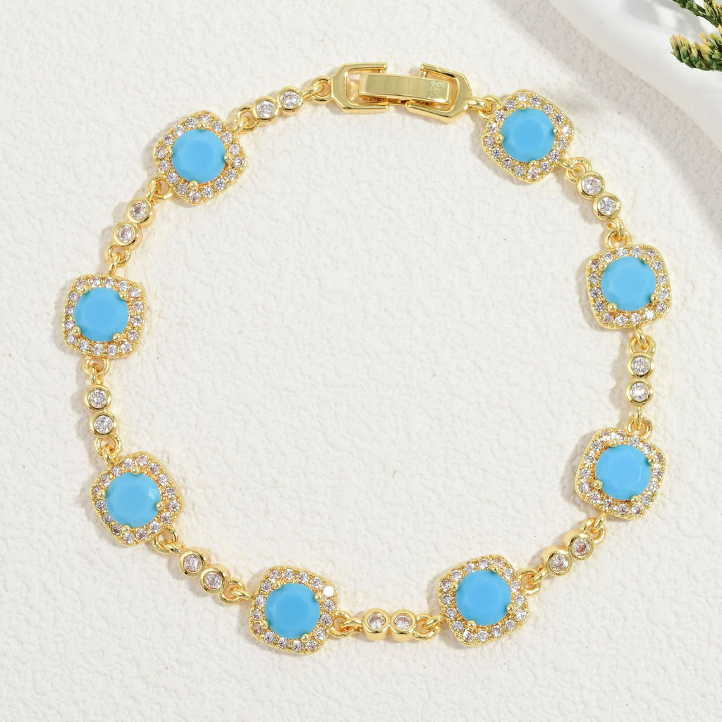 14K Gold Plated Multicolor Crystal Tennis Bracelet for Women – Copper Base Halo Design
