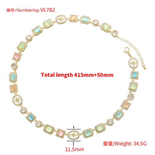 14K Gold Plated Cat's Eye & CZ Necklace and Bracelet Set – Vintage Geometric Jewelry (Copper Base)
