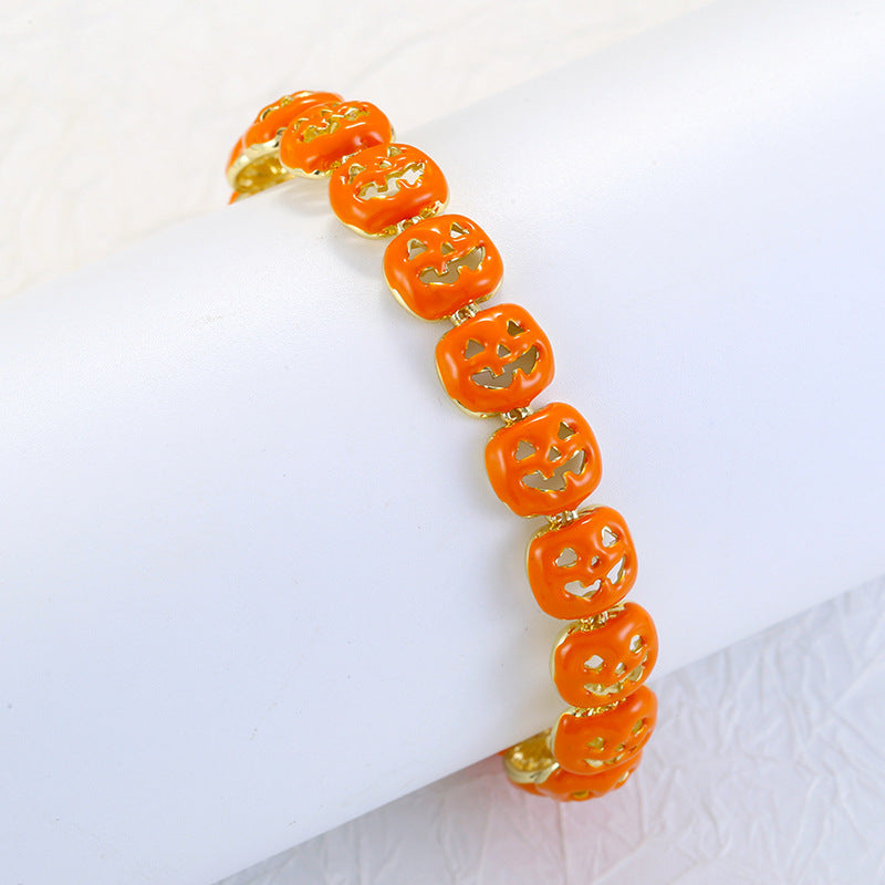 14K Gold Plated Pumpkin Charm Bracelet | Waterproof Orange Enamel Link Bracelet