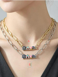 14K Gold Plated Colorful CZ Paperclip Chain Necklace | Mosaic Charm Pendant | Brass Dainty Layering Necklace