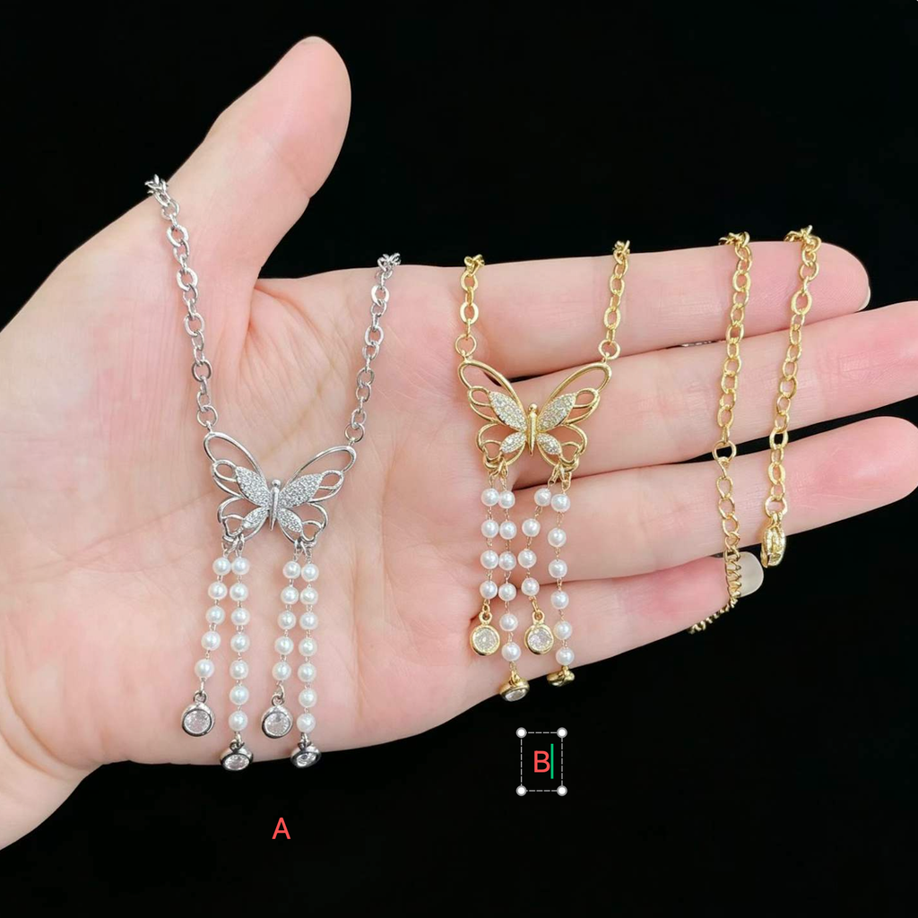 14K Gold Plated Butterfly Pearl Tassel Necklace | Cubic Zirconia Paved 3-Strand Pearl Pendant | Brass Dainty Chain (Silver/Gold)