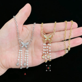 14K Gold Plated Butterfly Pearl Tassel Necklace | Cubic Zirconia Paved 3-Strand Pearl Pendant | Brass Dainty Chain (Silver/Gold)
