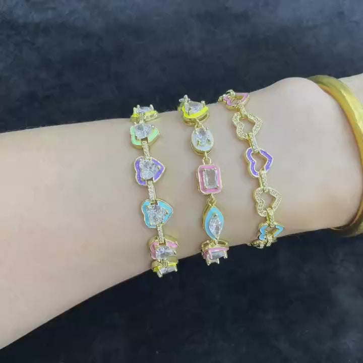 Colorful Heart Bracelet | 14K Gold Plated Copper | Waterproof Crystal Charm Bracelet for Women